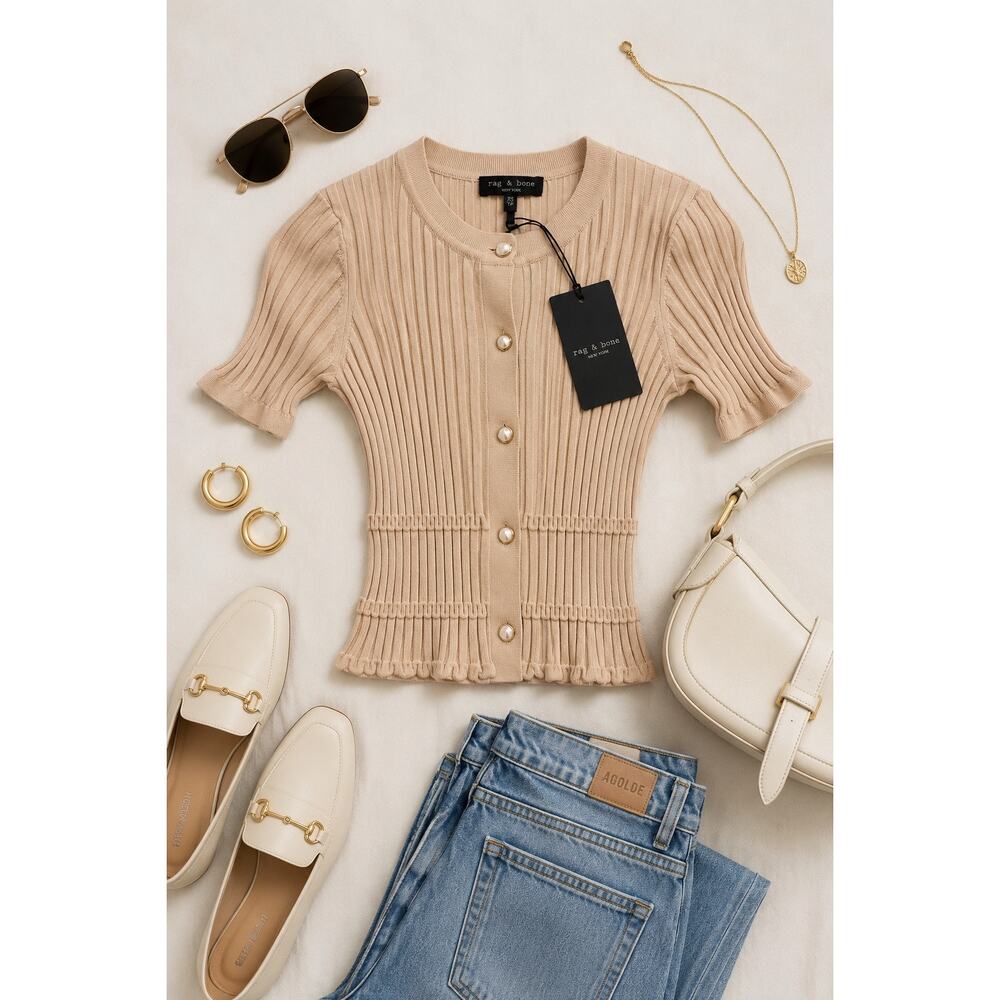 rag & bone Stacey Short Sleeve Rib Knit Cardigan Oatmeal Button Luxe XS NWT